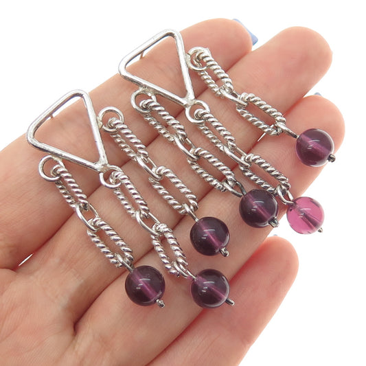 925 Sterling Silver Vintage Amethyst Modernist Drop Chain Ball Dangle Earrings