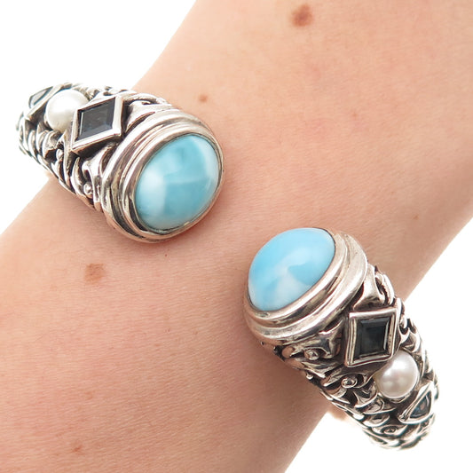 925 Sterling Silver Vintage Real Larimar Pearl London Blue Topaz Bracelet 6.25"