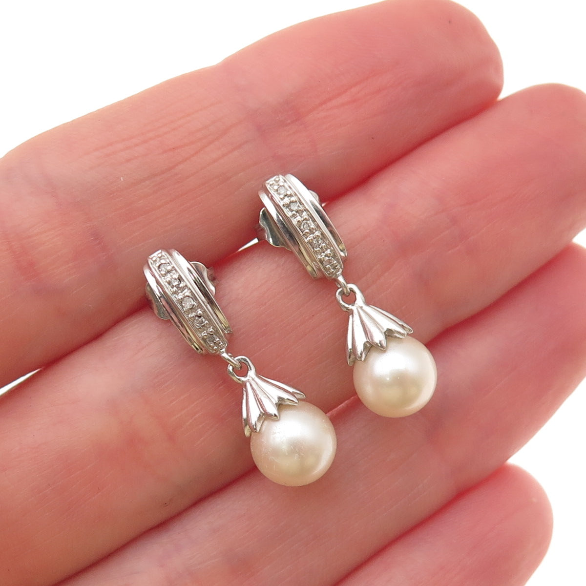 925 Sterling Silver Real Round-Cut Diamond & Pearl Dangle Earrings