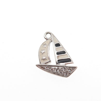 925 Sterling Silver Vintage Enamel & C Z Sailboat Mini Charm Pendant