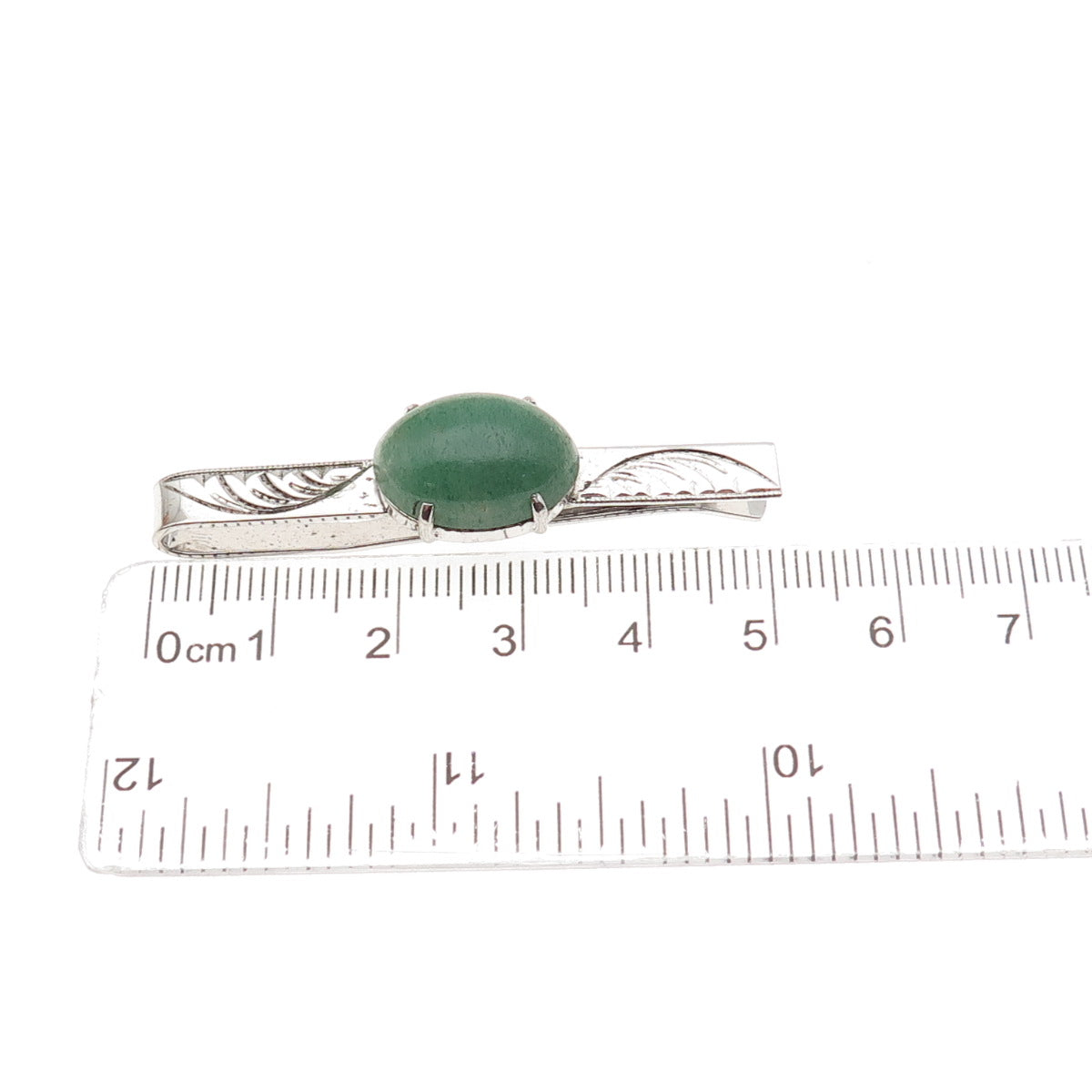 925 Sterling Silver Antique Art Deco Real Aventurine Engraved Tie Clip