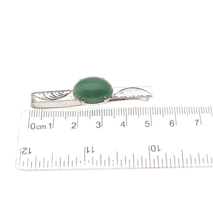 925 Sterling Silver Antique Art Deco Real Aventurine Engraved Tie Clip