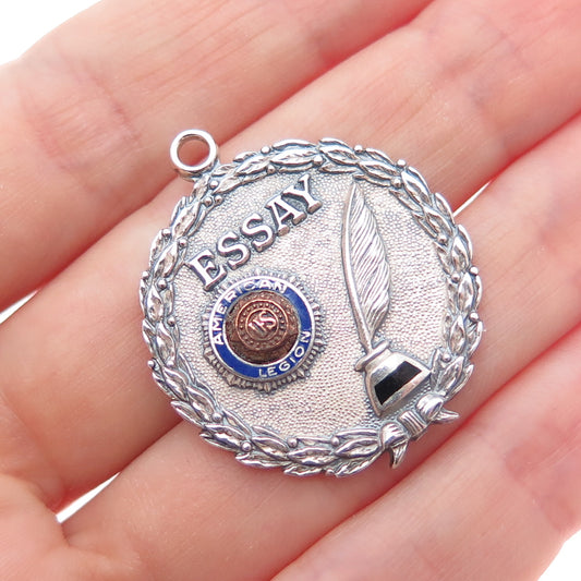 925 Sterling Silver 2-Tone Antique Enamel American Legion Essay Medal Pendant