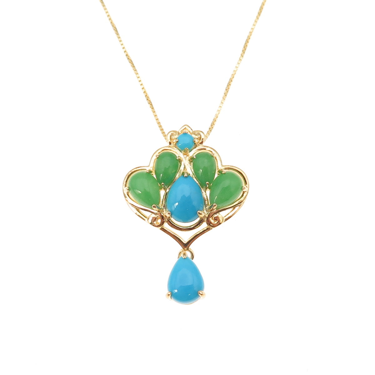 925 Sterling Silver Gold Plated Real Turquoise & Jade Box Chain Necklace 18"