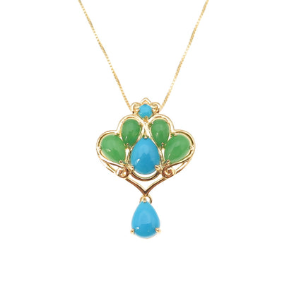 925 Sterling Silver Gold Plated Real Turquoise & Jade Box Chain Necklace 18"