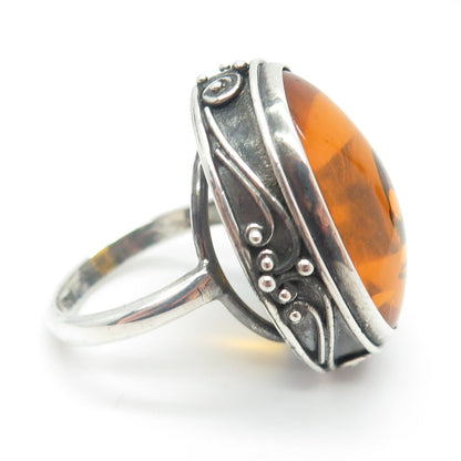 925 Sterling Silver Vintage Real Large Amber Ring Size 7