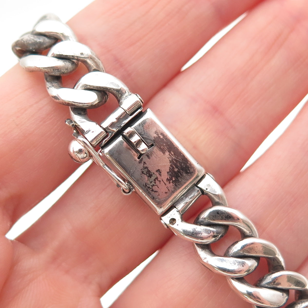 900 Silver Vintage Cuban Link Oxidized Bracelet 7"