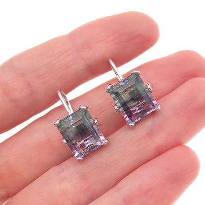925 Sterling Silver Vintage Real Emerald-Cut Watermelon Tourmaline Earrings
