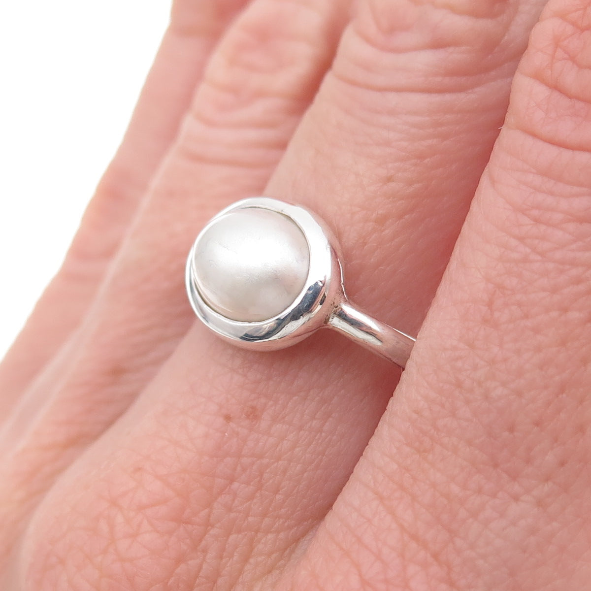 925 Sterling Silver Vintage Real Pearl Modernist Ring Size 6