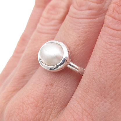 925 Sterling Silver Vintage Real Pearl Modernist Ring Size 6
