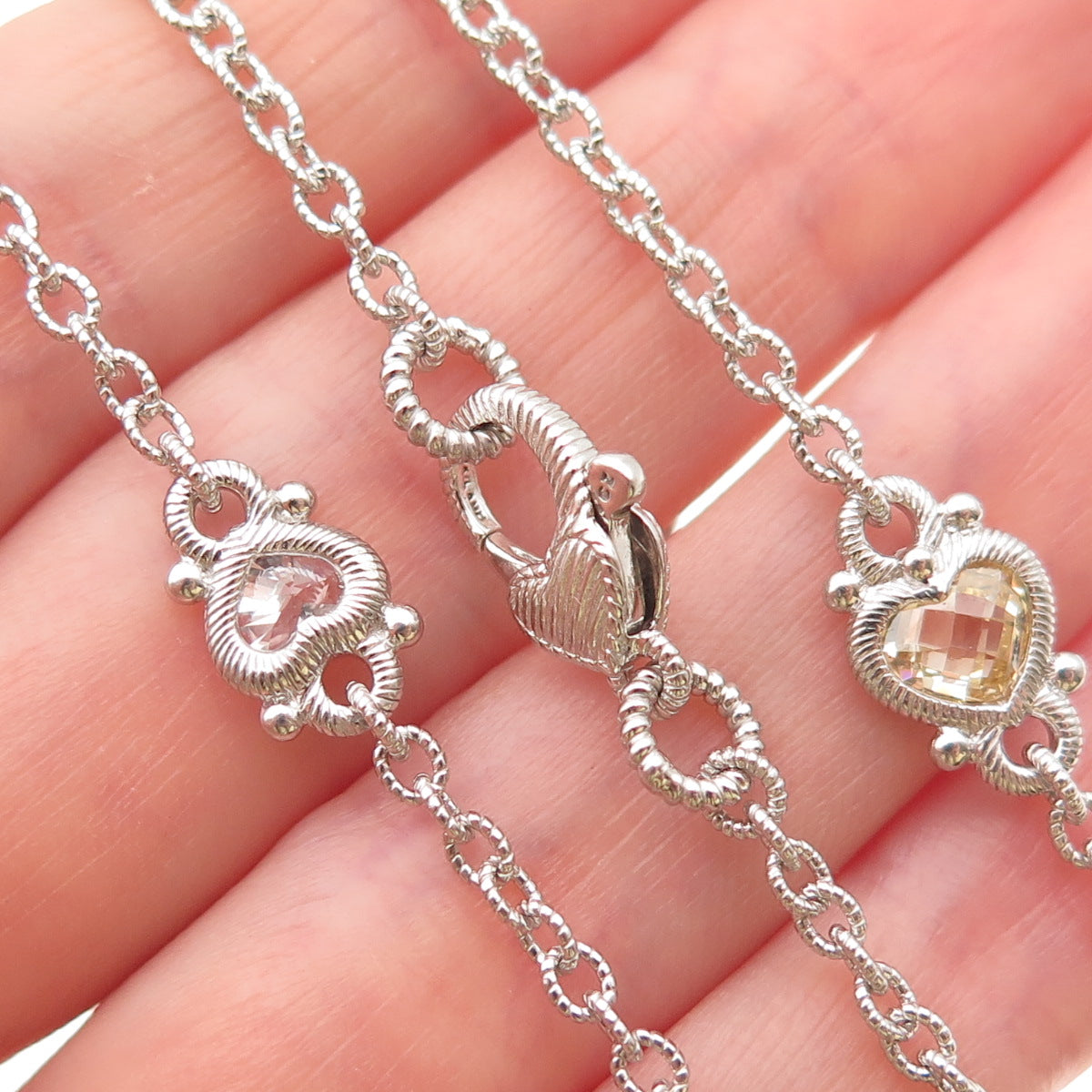 JUDITH RIPKA Sterling Silver Multi-Color C Z Heart Station Chain Necklace 36"