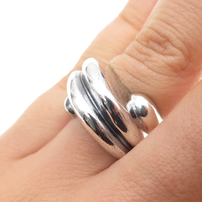 925 Sterling Silver Vintage Modernist Ribbed Bypass Oxidized Ring Size 6.25