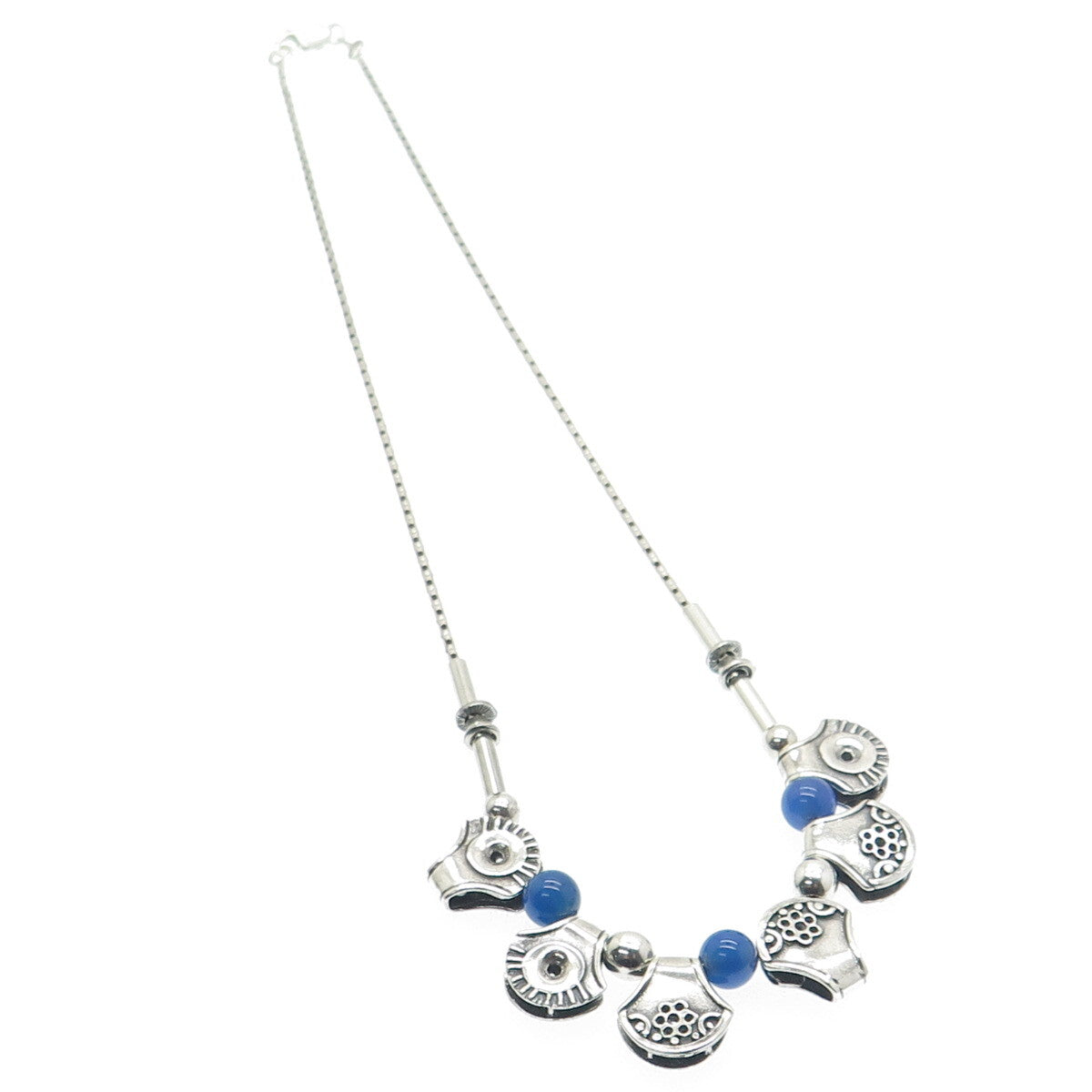 925 Sterling Silver Vintage Real Blue Chalcedony Modernist Chain Necklace 18"