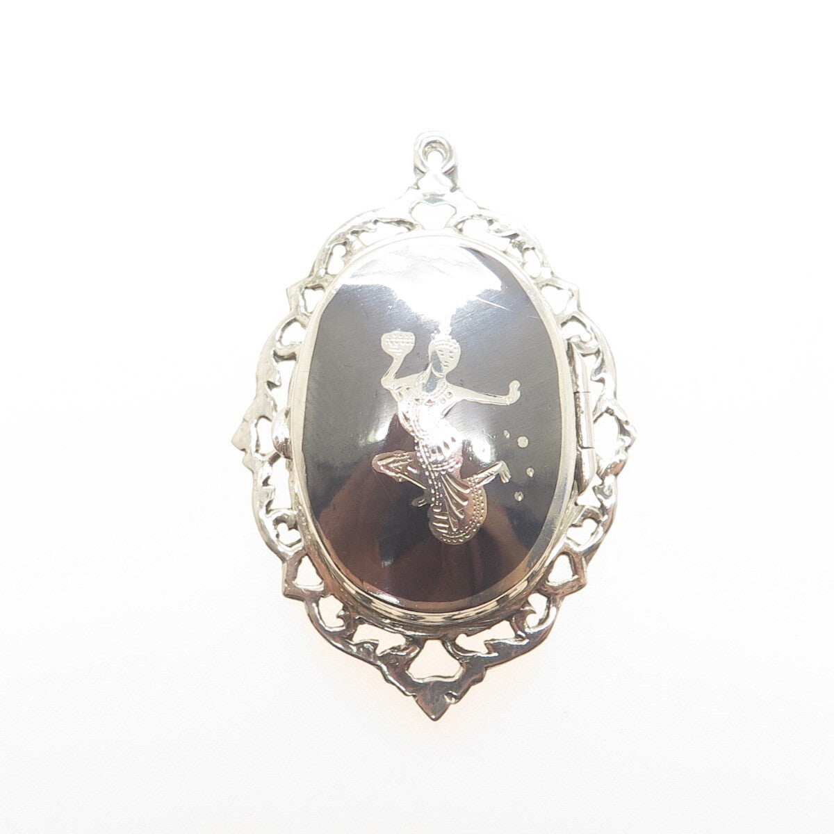 925 Sterling Silver Antique Art Deco Siam Niello Hindu Goddess Locket Pendant