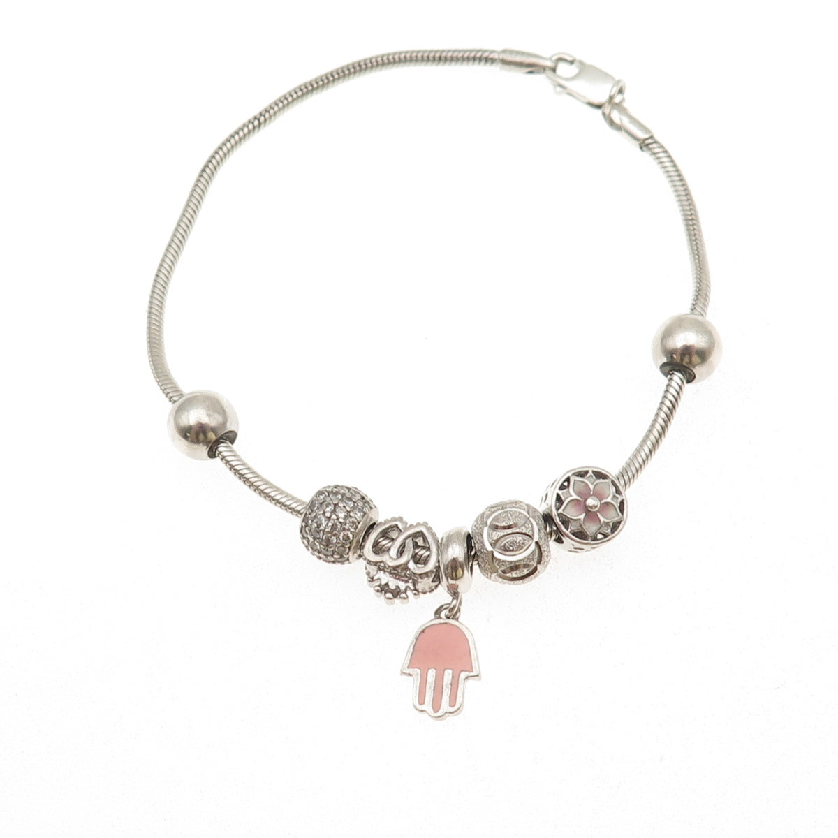 925 Sterling Silver Enamel & C Z Hamsa Multi-Charm Snake Link Bracelet 7"