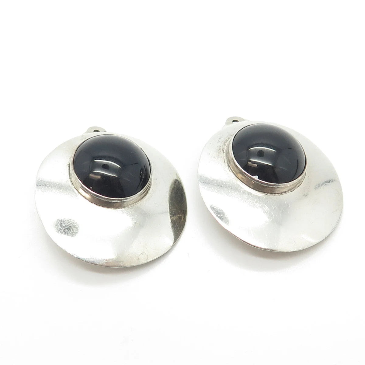 925 Sterling Silver Vintage Real Black Onyx Gem Disc Clip On Earrings
