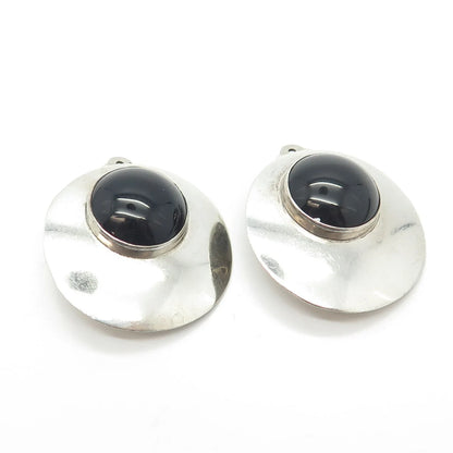 925 Sterling Silver Vintage Real Black Onyx Gem Disc Clip On Earrings