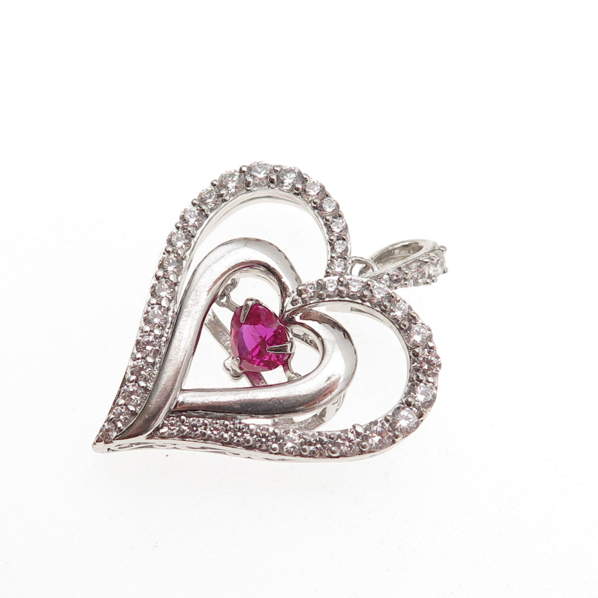 Sun 925 Sterling Silver Lab-Created Ruby & C Z Heart Charm Pendant