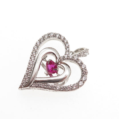 Sun 925 Sterling Silver Lab-Created Ruby & C Z Heart Charm Pendant