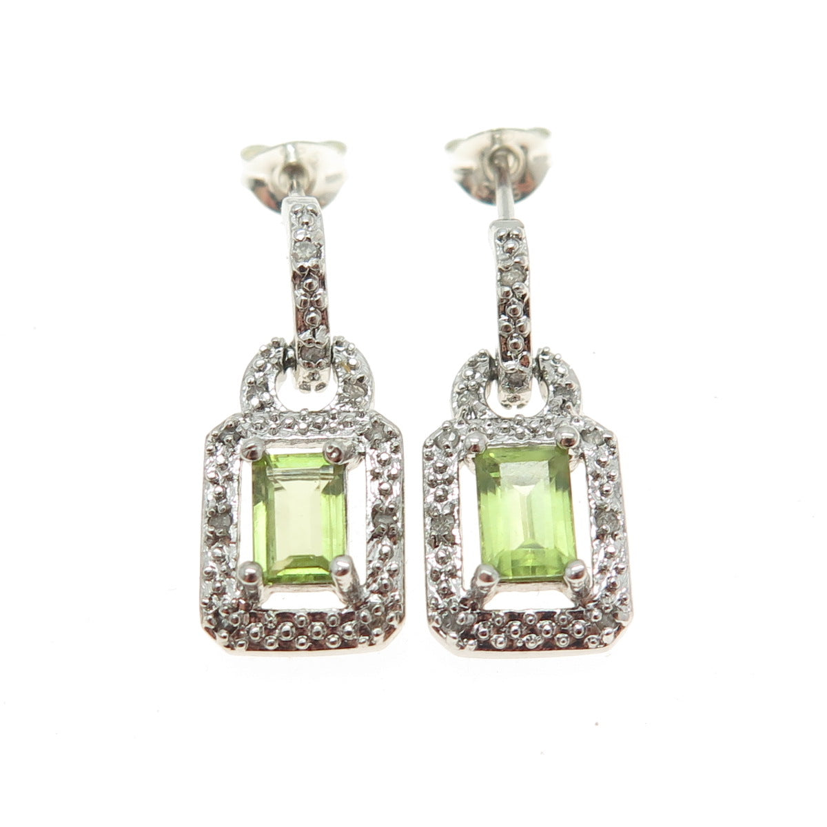 925 Sterling Silver Real Round-Cut Diamond & Emerald-Cut Peridot Dangle Earrings