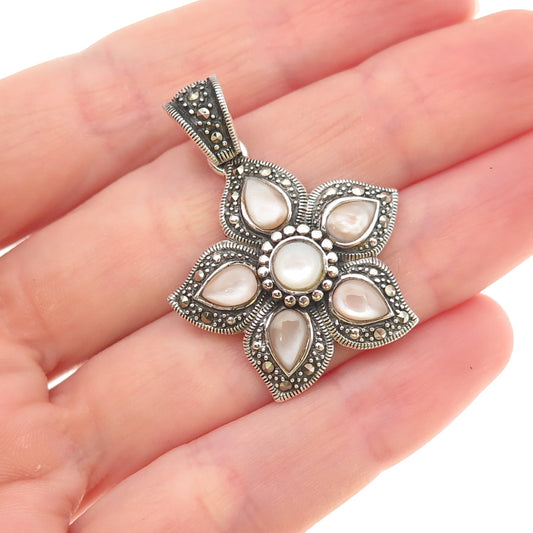 925 Sterling Silver Vintage Real MOP & Marcasite Floral Charm Pendant