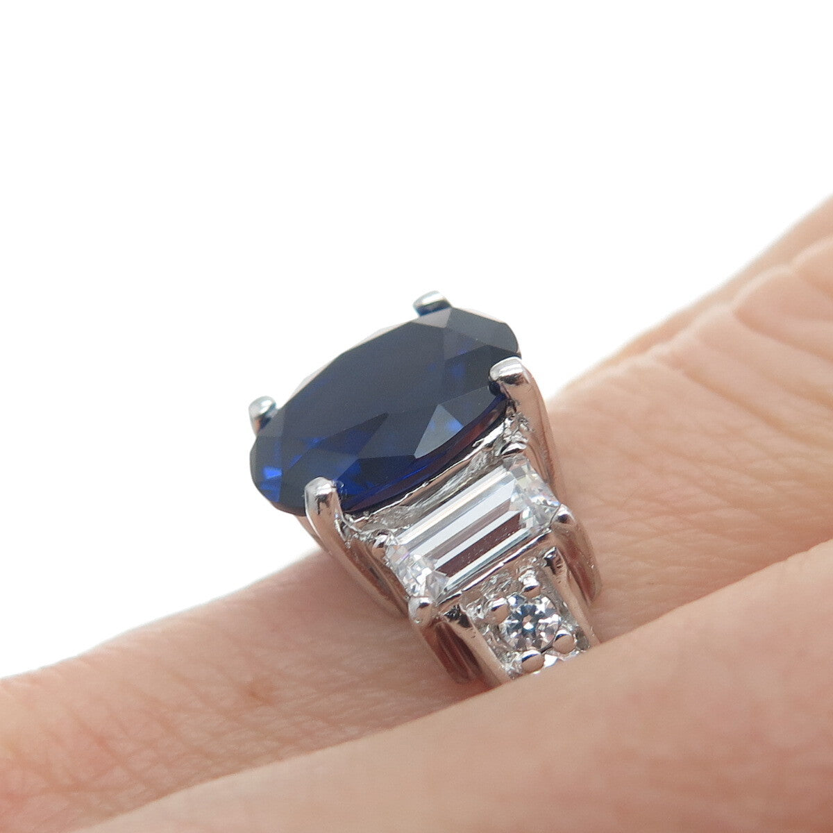 GSJ GOLD STONE JEWELRY 925 Sterling Lab-Created Sapphire & C Z Ring Size 6.25