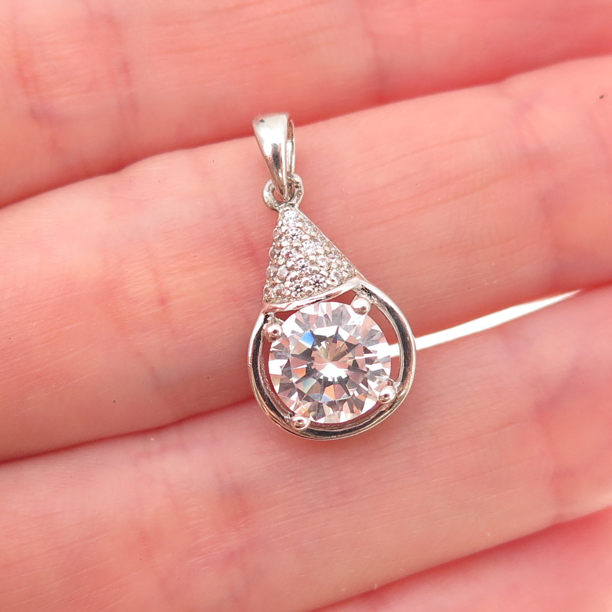 925 Sterling Silver Round-Cut C Z Teardrop Charm Pendant