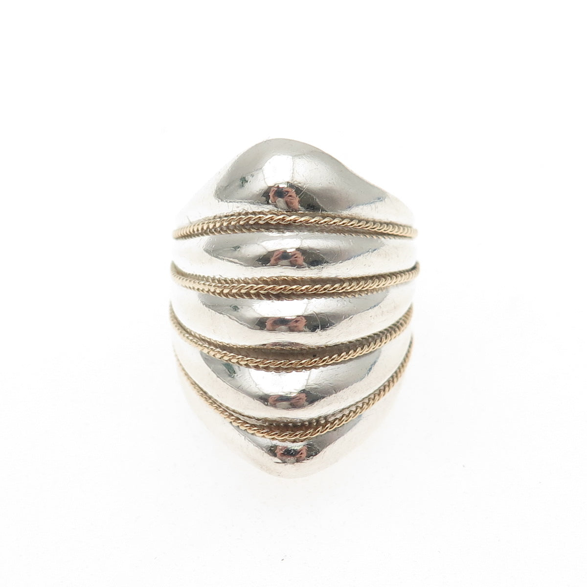 KEITH 925 Sterling Silver 14K Gold Vintage Modernist Ribbed Ring Size 7.25