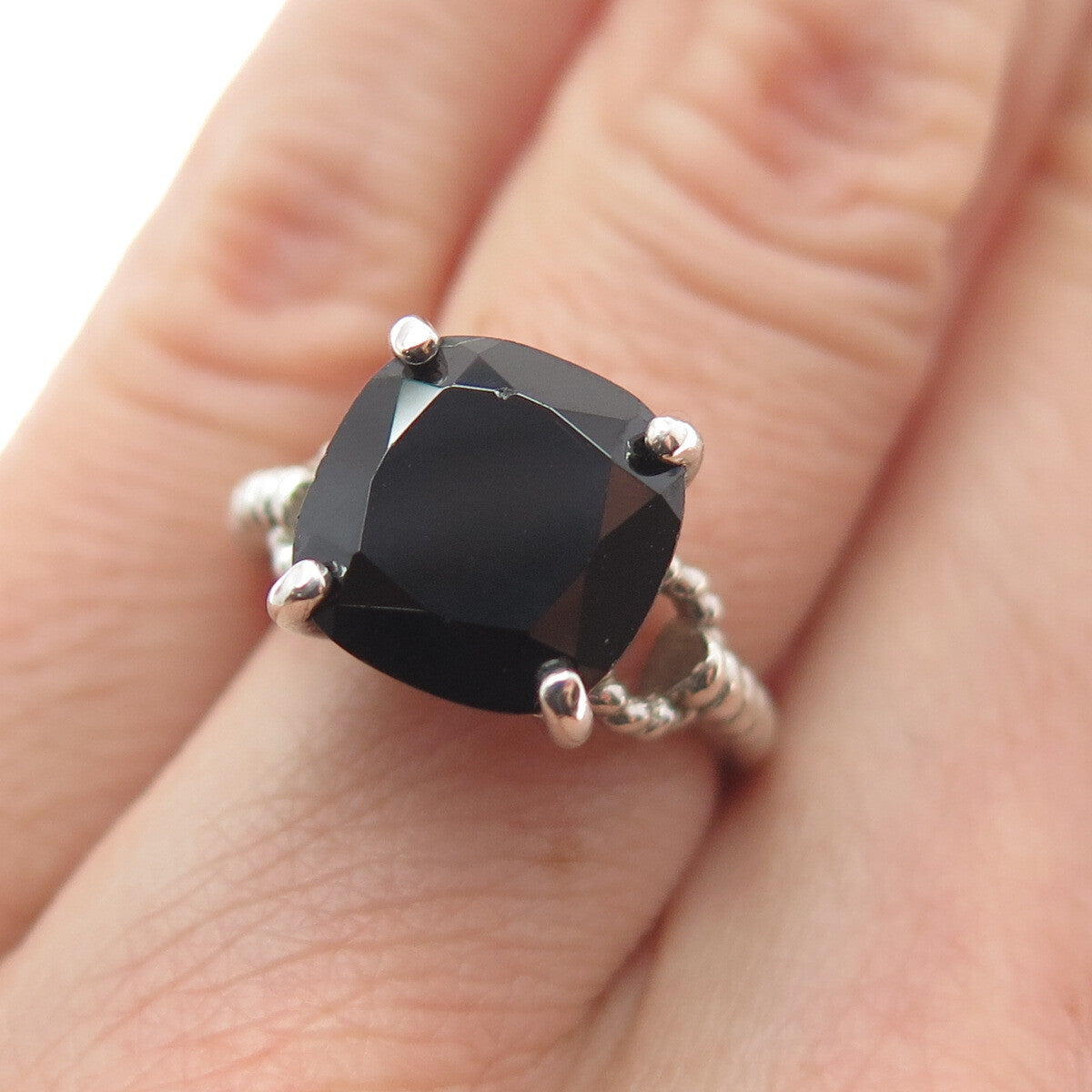 TGGC 925 Sterling Silver Vintage Checkered Black Spinel Twisted Ring Size 5.25