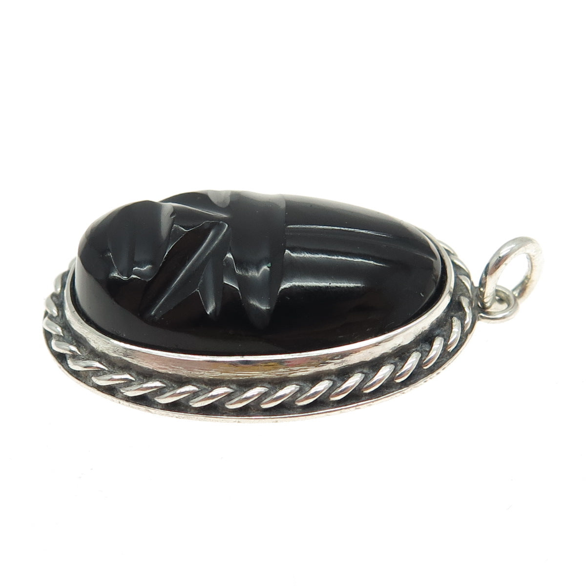 925 Sterling Silver Vintage Real Carved Black Onyx Gemstone Tribal Face Pendant