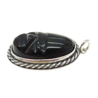 925 Sterling Silver Vintage Real Carved Black Onyx Gemstone Tribal Face Pendant