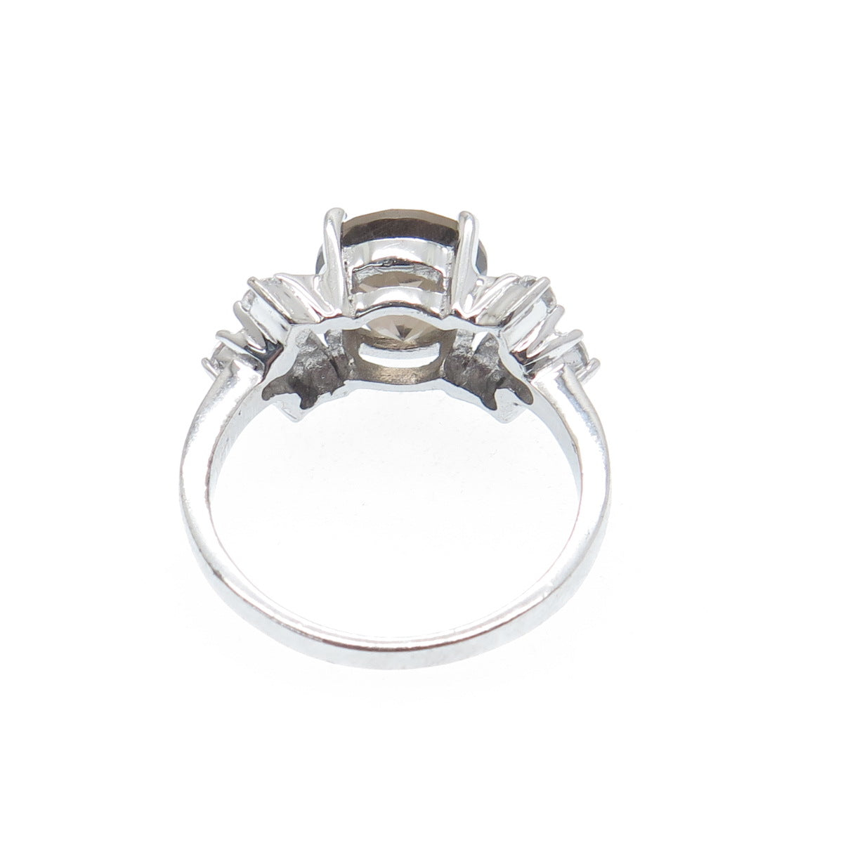 925 Sterling Silver Real Round-Cut Smoky Quartz & C Z Ring Size 8