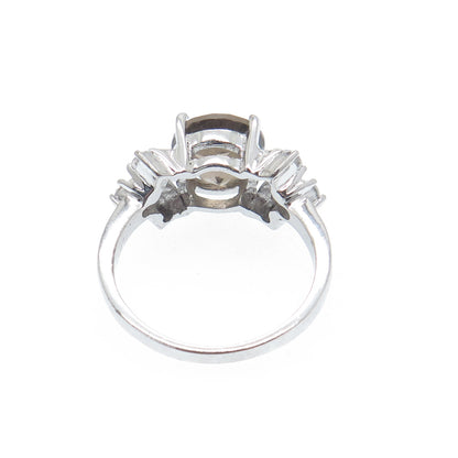 925 Sterling Silver Real Round-Cut Smoky Quartz & C Z Ring Size 8