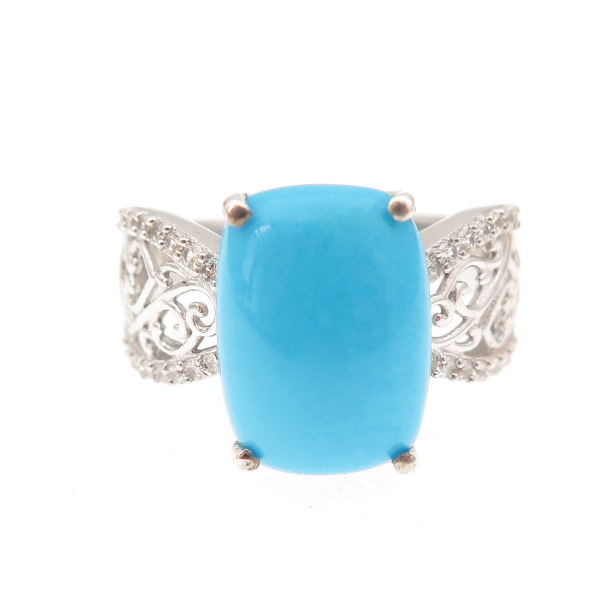 Chuck Clemency 925 Sterling Silver Real Turquoise & White Topaz Ring Size 8.25