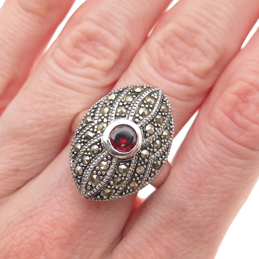 925 Sterling Silver Vintage Real Red Garnet & Marcasite Oxidized Ring Size 7.75