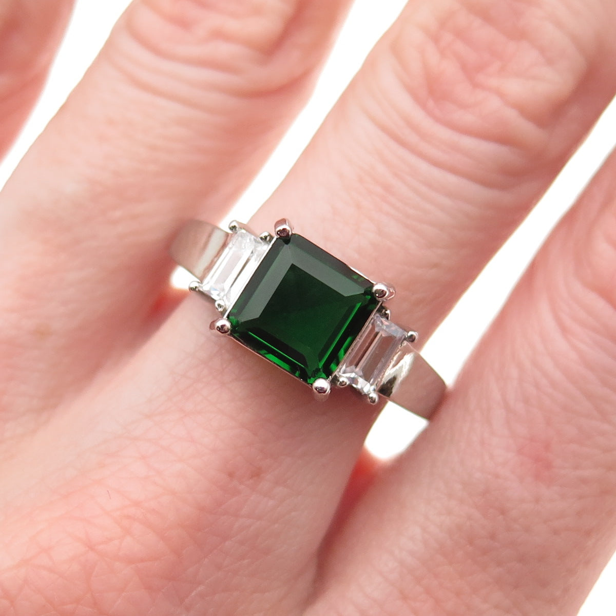 925 Sterling Silver Real Chrome Diopside & C Z Ring Size 10