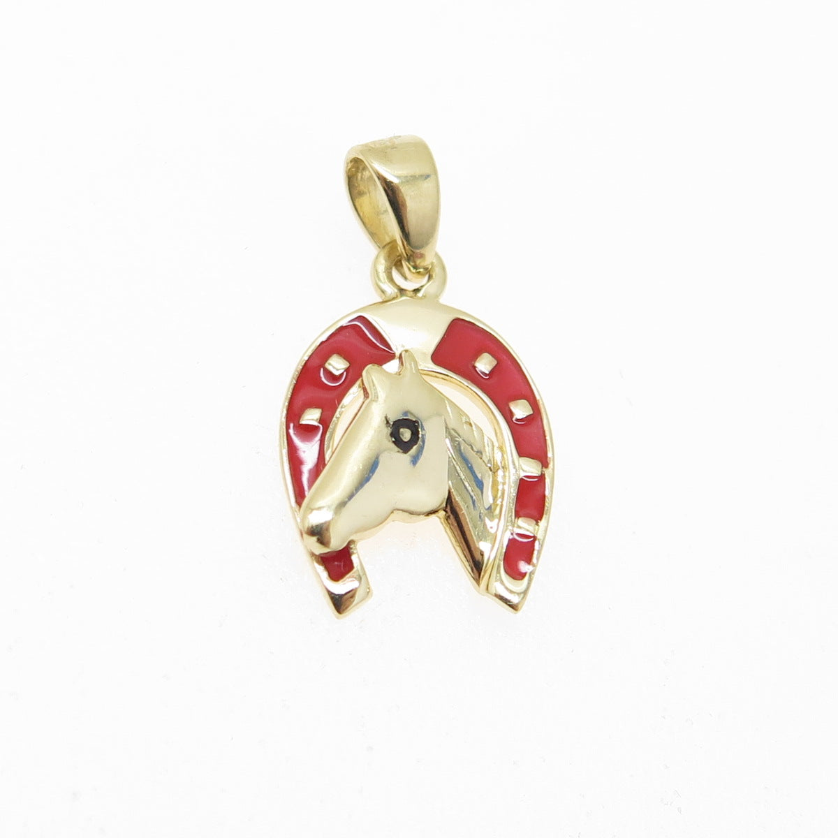 14K Yellow Gold Enamel Horseshoe & Horse Minimalist Charm Pendant