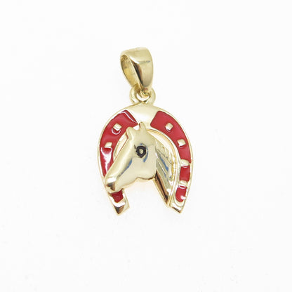 14K Yellow Gold Enamel Horseshoe & Horse Minimalist Charm Pendant