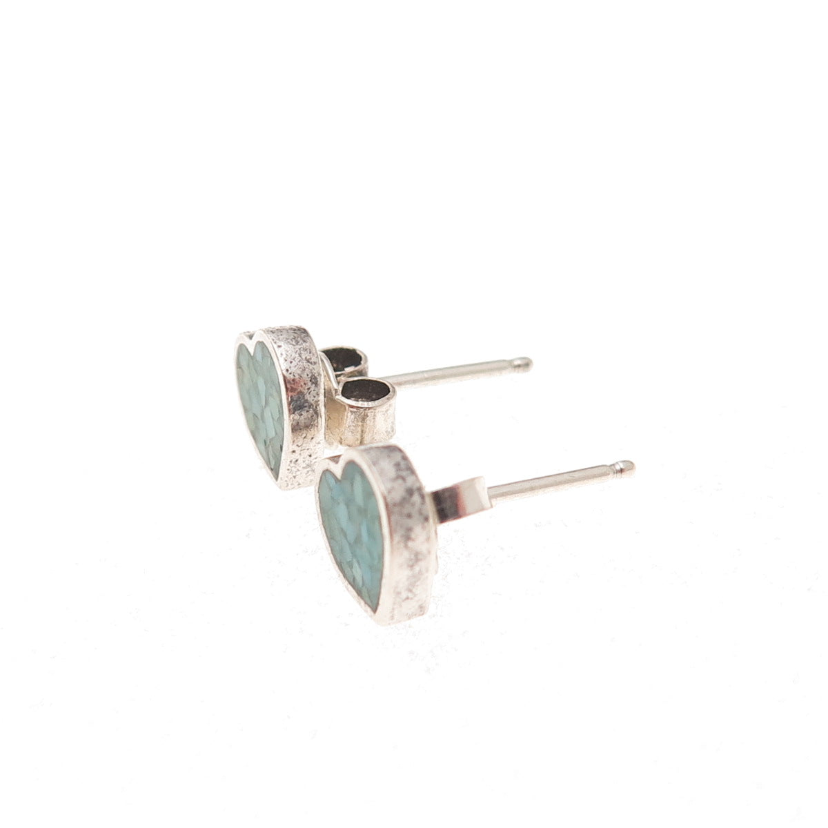 Old Pawn 925 Sterling Silver Vintage Turquoise Inlay Heart Tribal Stud Earrings