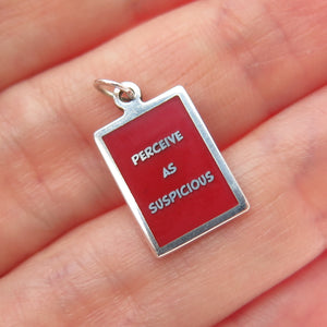 925 Sterling Silver Red Enamel Perceive As Suspicious Minimalist Charm Pendant