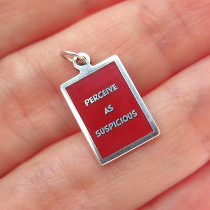 925 Sterling Silver Red Enamel Perceive As Suspicious Minimalist Charm Pendant
