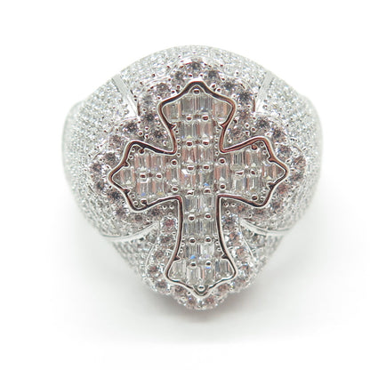 925 Sterling Silver Emerald-Cut Round-Cut Shaped C Z Cross Dome Ring Size 12.25