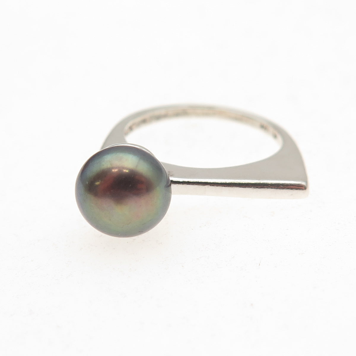 Shube 925 Sterling Silver Vintage Real Tahitian Pearl Modernist Ring Size 4.75