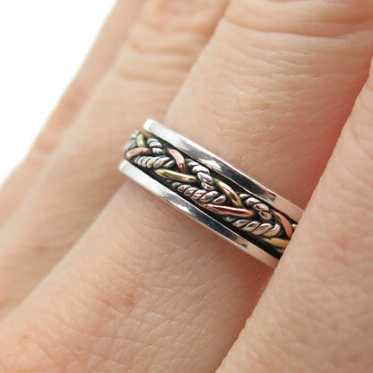 ENERGY STONE 925 Sterling Silver 3-Tone Vintage Braided Spinner Ring Size 7.5