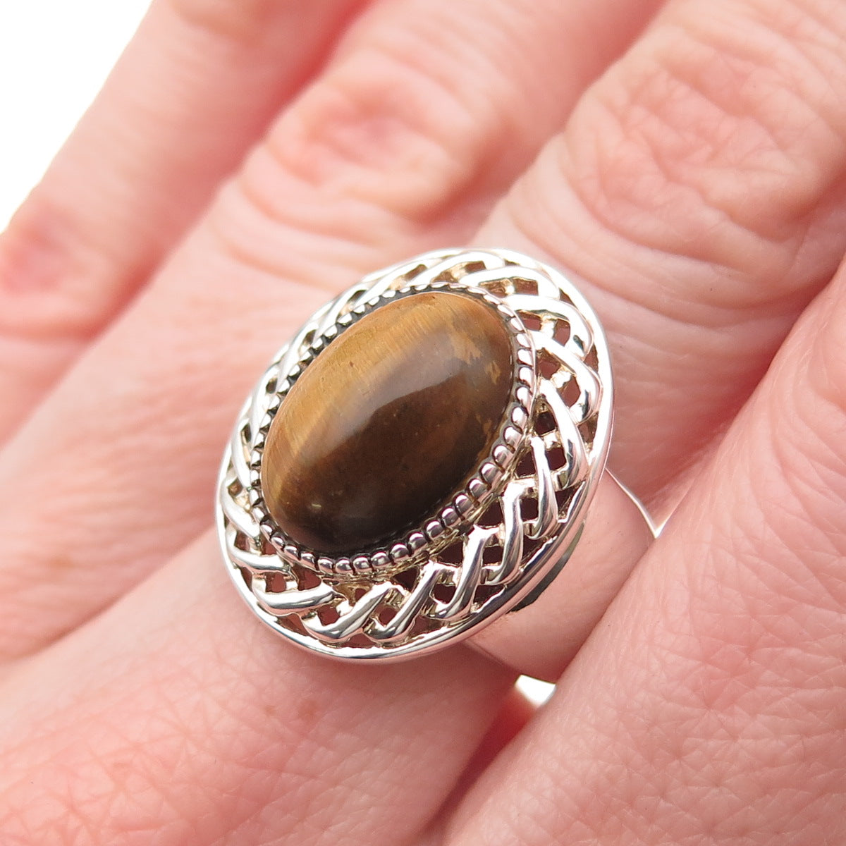 Badavici 925 Sterling Silver Vintage Real Tiger Eye Woven Ring Size 7.25
