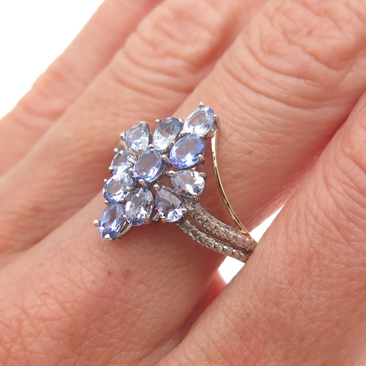 Chuck Clemency 925 Sterling Silver Real Tanzanite Floral Cluster Ring Size 8.25