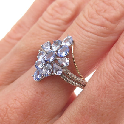 Chuck Clemency 925 Sterling Silver Real Tanzanite Floral Cluster Ring Size 8.25