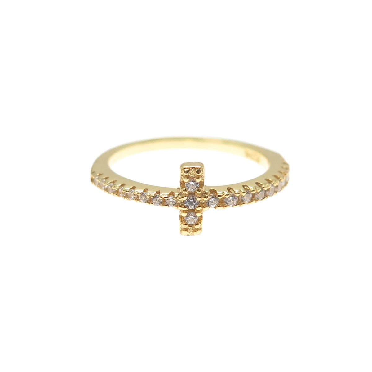 925 Sterling Silver Gold Plated Round-Cut C Z Cross Ring Size 4.75