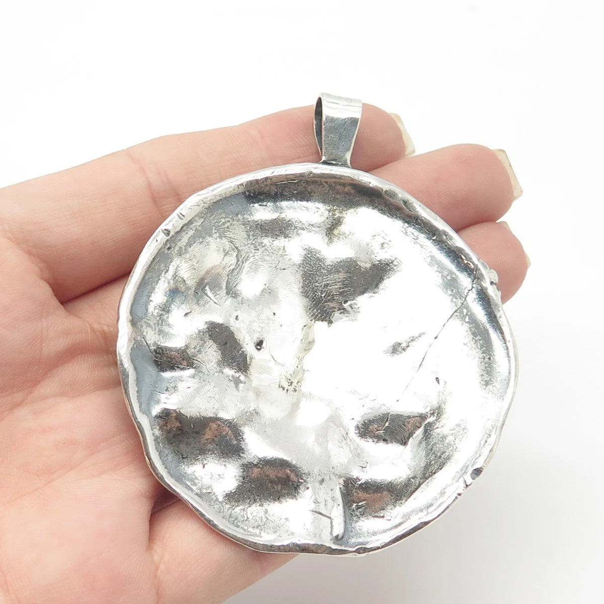 925 Sterling Silver Vintage Brutalist Modernist Large Round Pendant