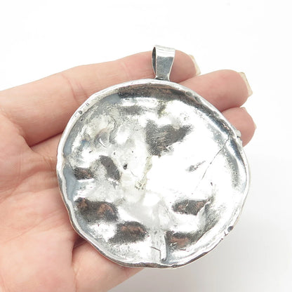 925 Sterling Silver Vintage Brutalist Modernist Large Round Pendant